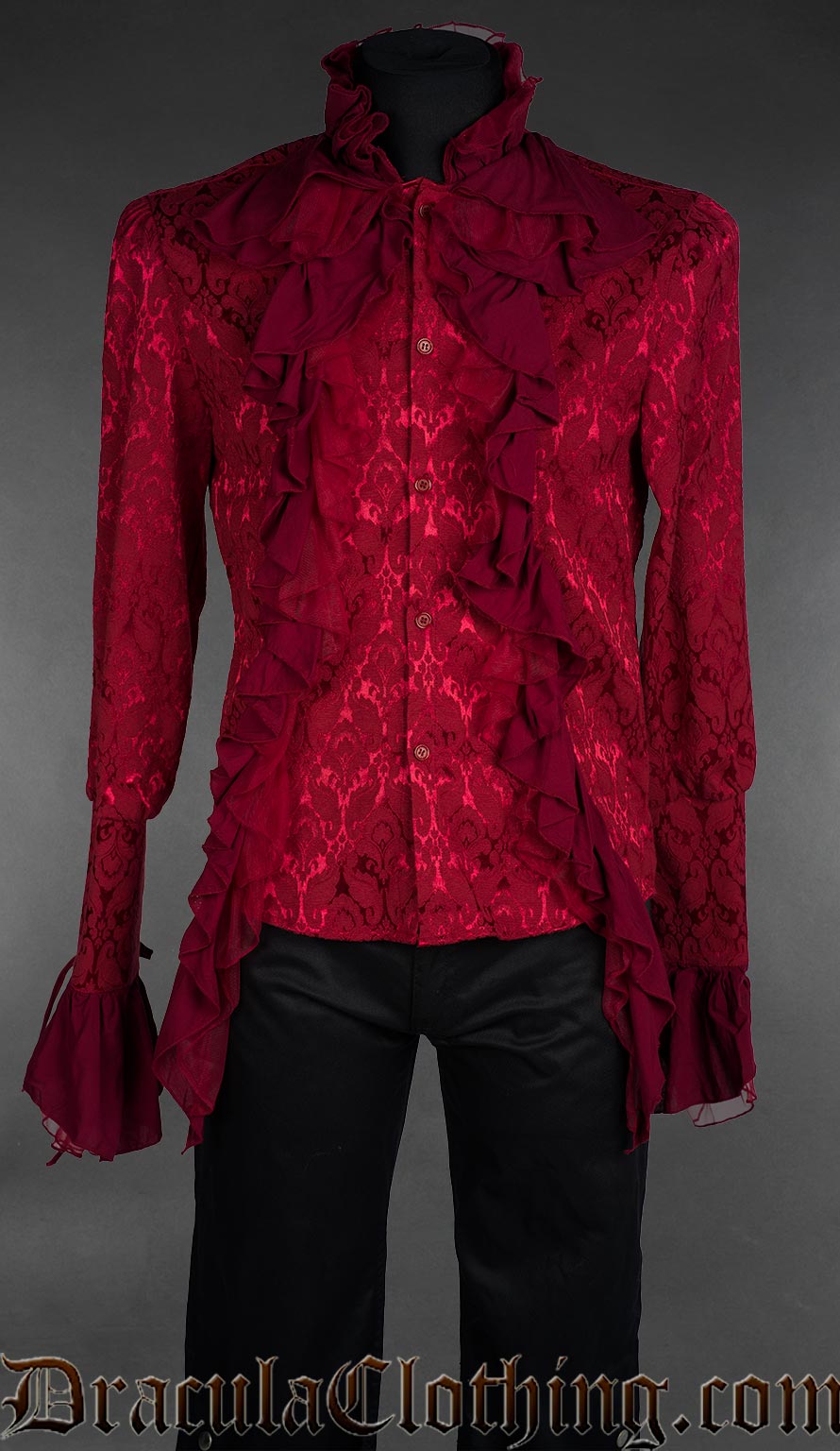 Red brocade gothic shirt with black lace shoulder drape, fitted long sleeve shirt front view
