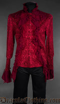 Red brocade gothic shirt with black lace shoulder drape, fitted long sleeve shirt front view