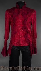 Red brocade gothic shirt with black lace shoulder drape, fitted long sleeve shirt front view