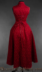 Back view of women's red brocade sleeveless dress showing adjustable corset style lacing in the torso and the long skirt in the back