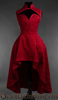 Women's sleeveless high low red cotton brocade dress with queen anne style neckline and high neck collar