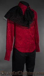 Red brocade gothic shirt with black ruffled jabot, fitted silhouette and long sleeves on mannequin