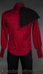 Red brocade gothic shirt with black lace shoulder drape, long sleeves, back view