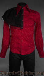 Red brocade gothic shirt with black lace shoulder drape, fitted long sleeve shirt front view