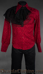 Red brocade gothic shirt with black ruffled jabot, pointed collar, and long sleeves on mannequin