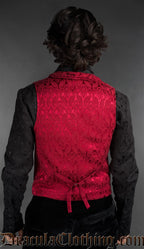 Back view of Gothic red brocade double-breasted waistcoat for men with tailored fit and classic design