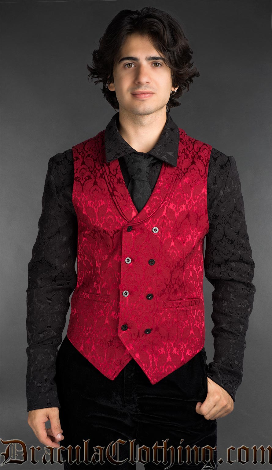 Gothic red brocade double-breasted waistcoat for men with tailored fit and classic design