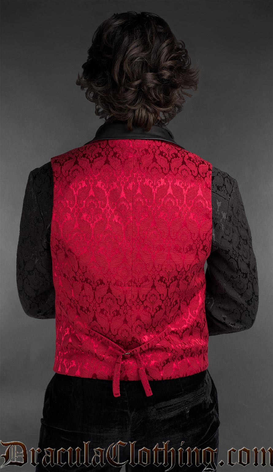 Back view of Gothic red brocade Victorian vest for men with asymmetrical front and tailored fit