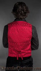 Back view of Gothic red brocade Victorian vest for men with asymmetrical front and tailored fit