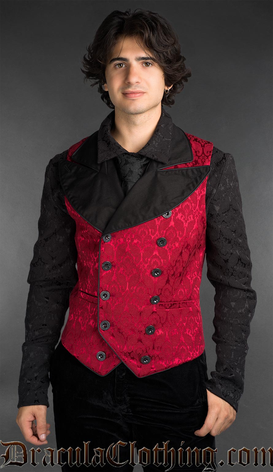 Gothic red brocade Victorian vest for men with asymmetrical front and tailored fit