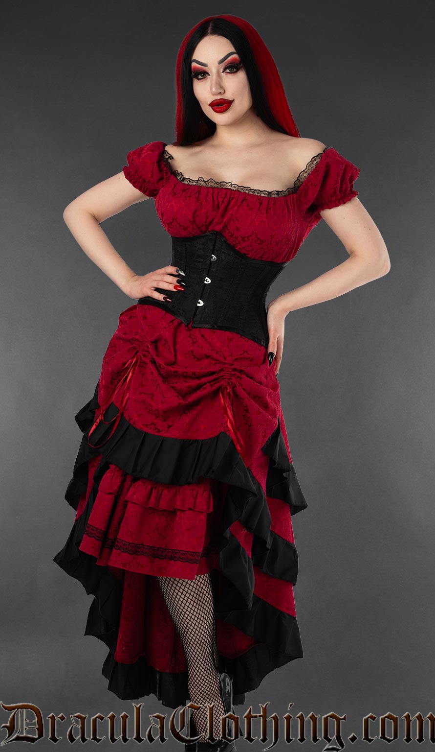 Red Brocade Layer Bustle Skirt