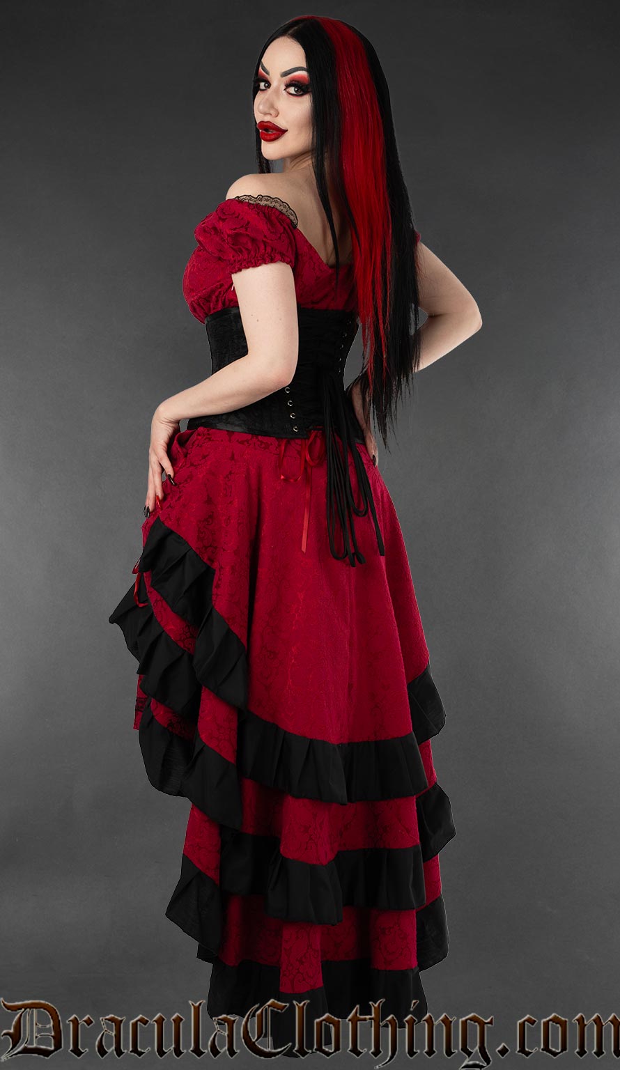 gothic dress red Red Brocade Gothabilly Dress – DraculaClothing