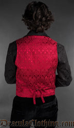 Back view of Gothic red brocade double-breasted waistcoat for men with peak lapel and tailored fit