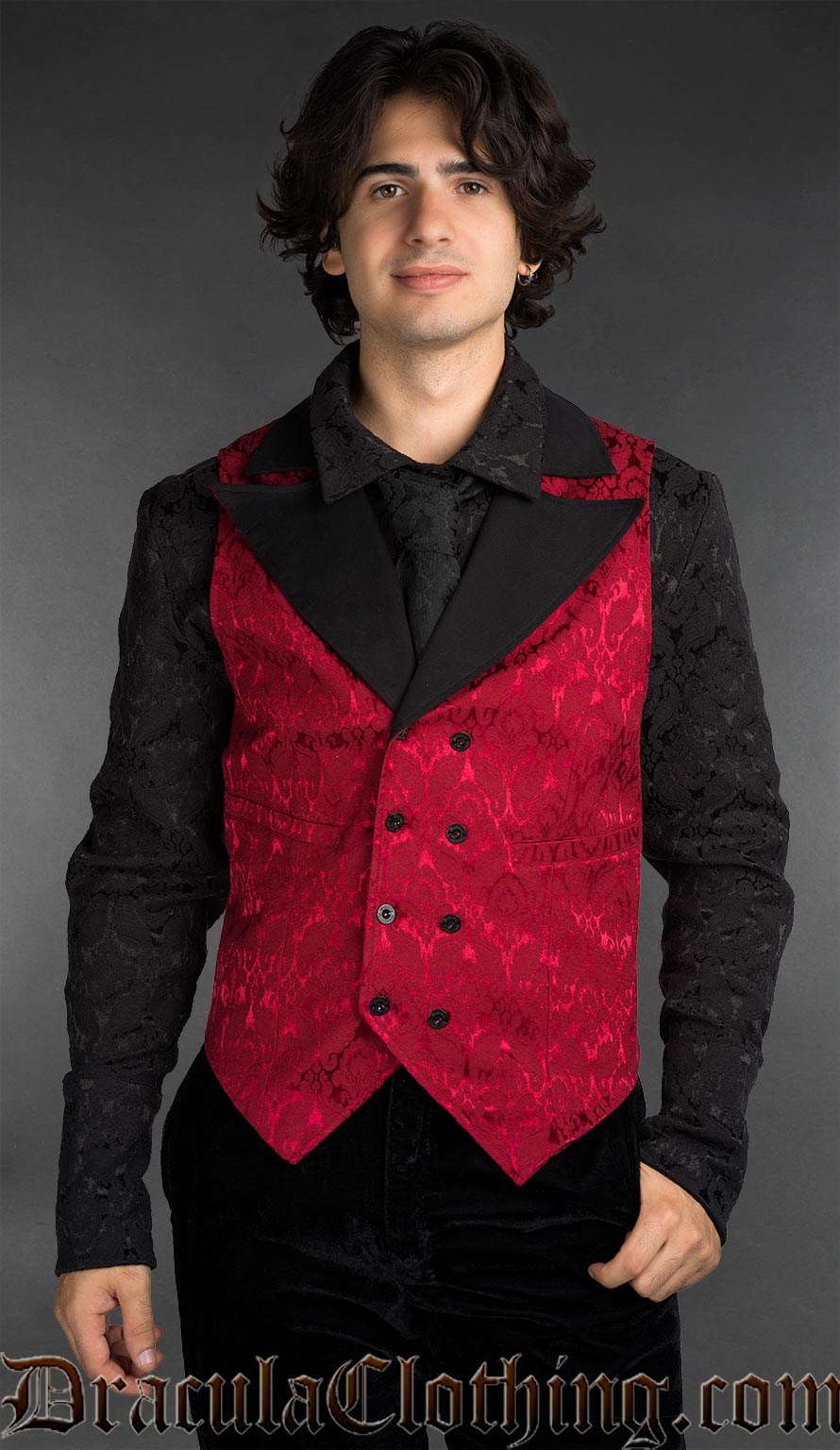 Gothic red brocade double-breasted waistcoat for men with peak lapel and tailored fit
