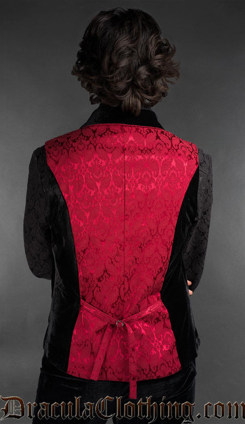 Back view of Gothic red brocade waistcoat for men featuring black velvet shawl lapel and tailored fit