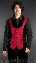 Gothic red brocade waistcoat for men featuring black velvet shawl lapel and tailored fit