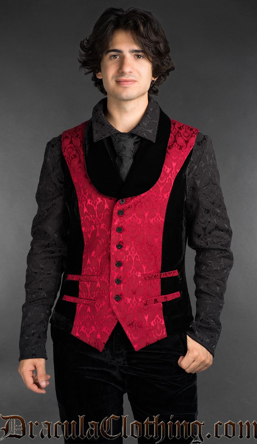 Gothic red brocade waistcoat for men featuring black velvet shawl lapel and tailored fit