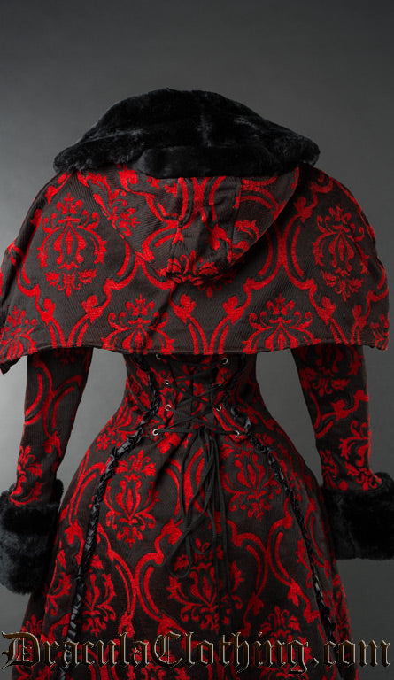 Women's red and black hood and cape lined with black satin and faux fur on the hood