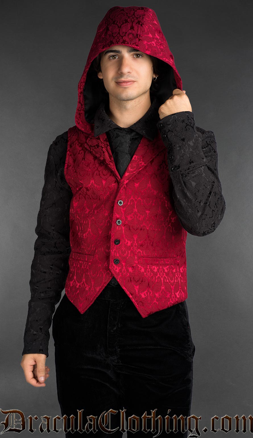 Men’s red brocade hooded vest with baroque pattern in gothic alternative style