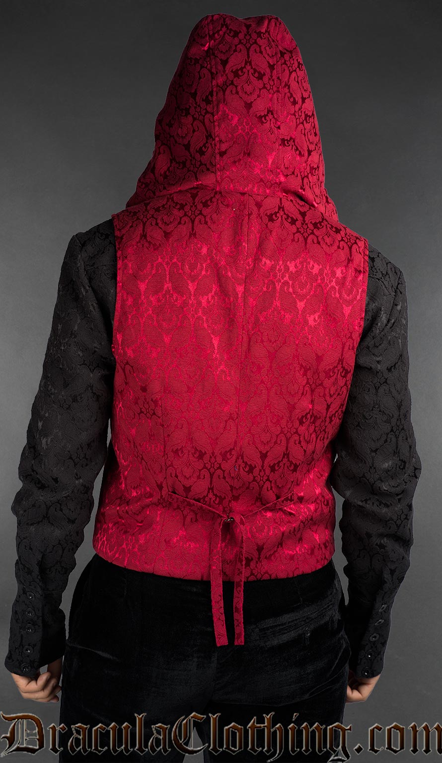 Back view of Men’s red brocade hooded vest with baroque pattern in gothic alternative style