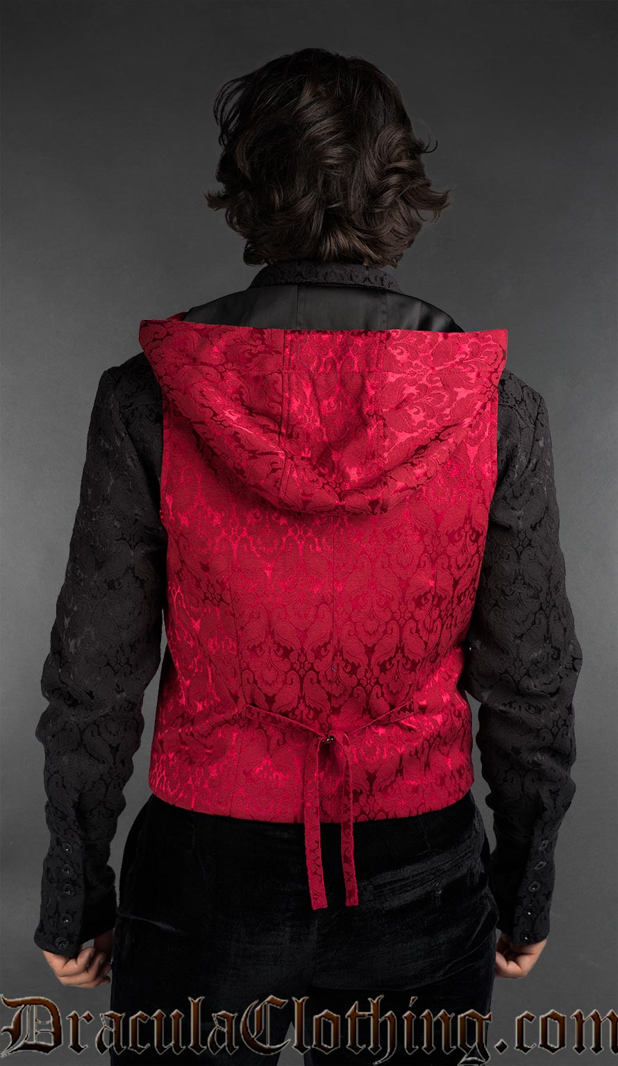 Back view of Men’s red brocade hooded vest with baroque pattern in gothic alternative style