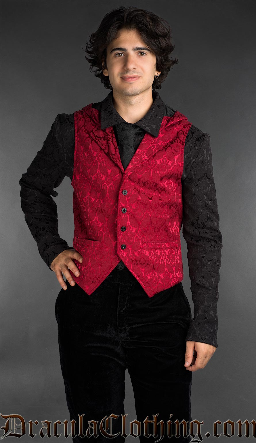 Men’s red brocade hooded vest with baroque pattern in gothic alternative style