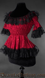 Side view of Gothic Victorian red brocade lace blouse with ruffled neckline and fitted waist