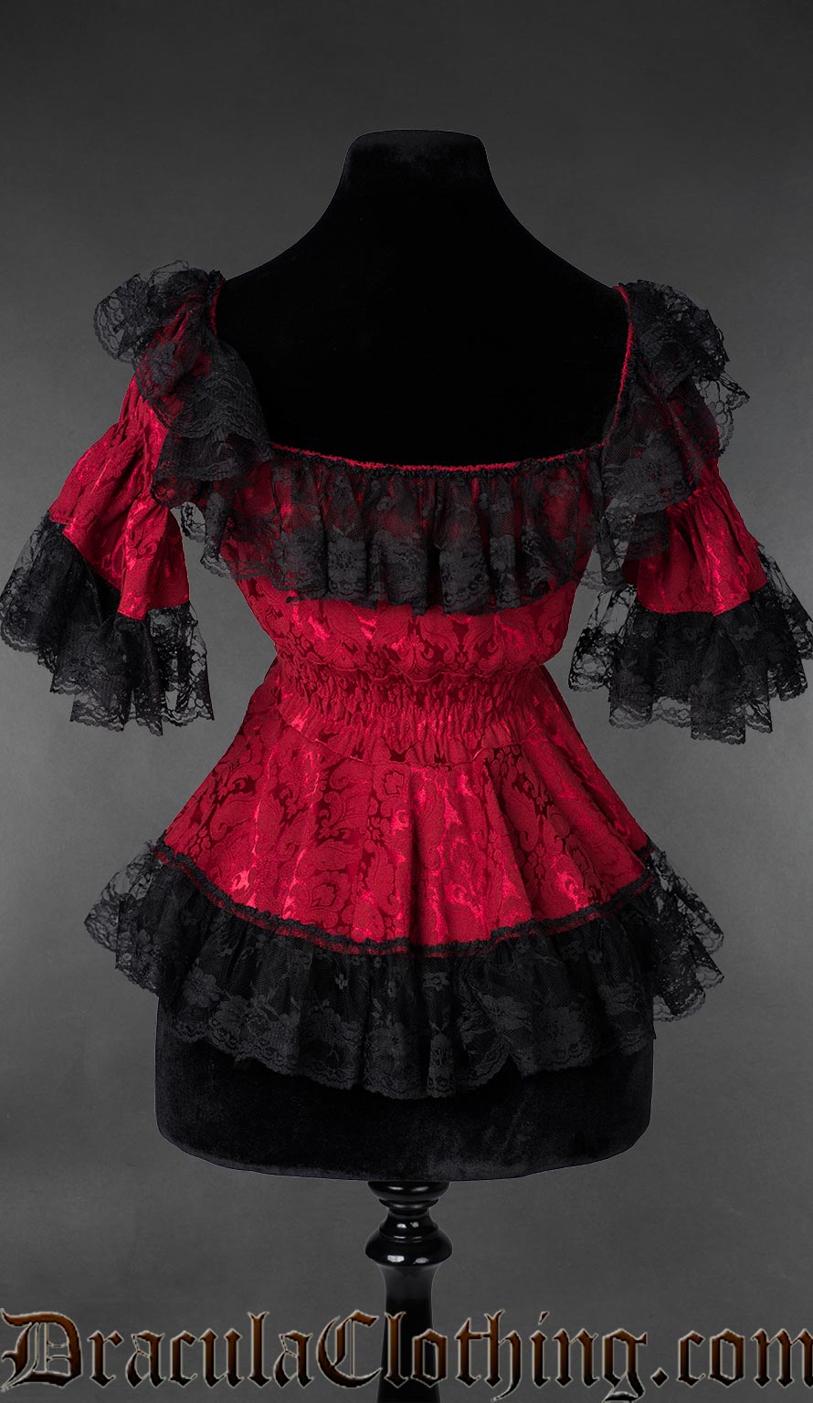 Back view of Gothic Victorian red brocade lace blouse with ruffled neckline and fitted waist