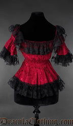 Back view of Gothic Victorian red brocade lace blouse with ruffled neckline and fitted waist