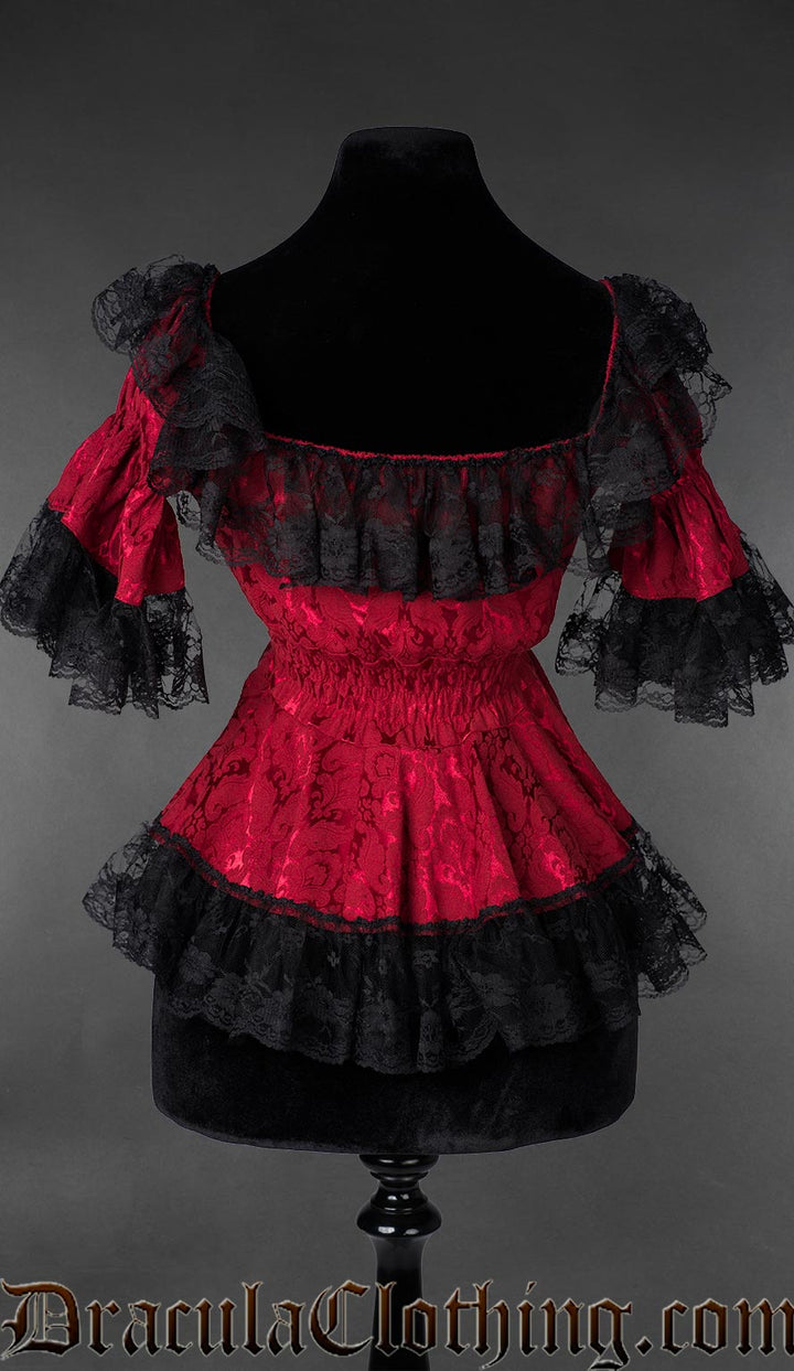 Back view of Gothic Victorian red brocade lace blouse with ruffled neckline and fitted waist