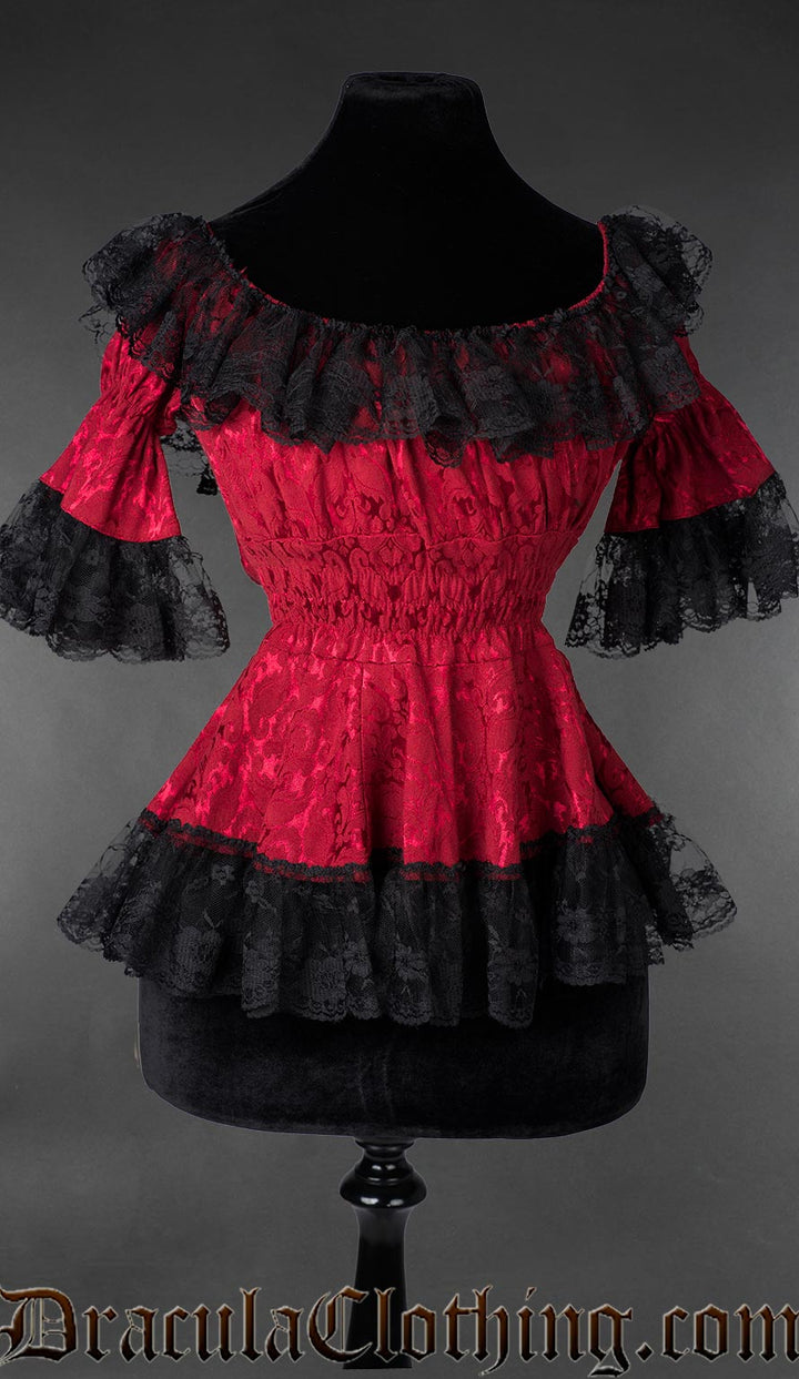 Gothic Victorian red brocade lace blouse with ruffled neckline and fitted waist