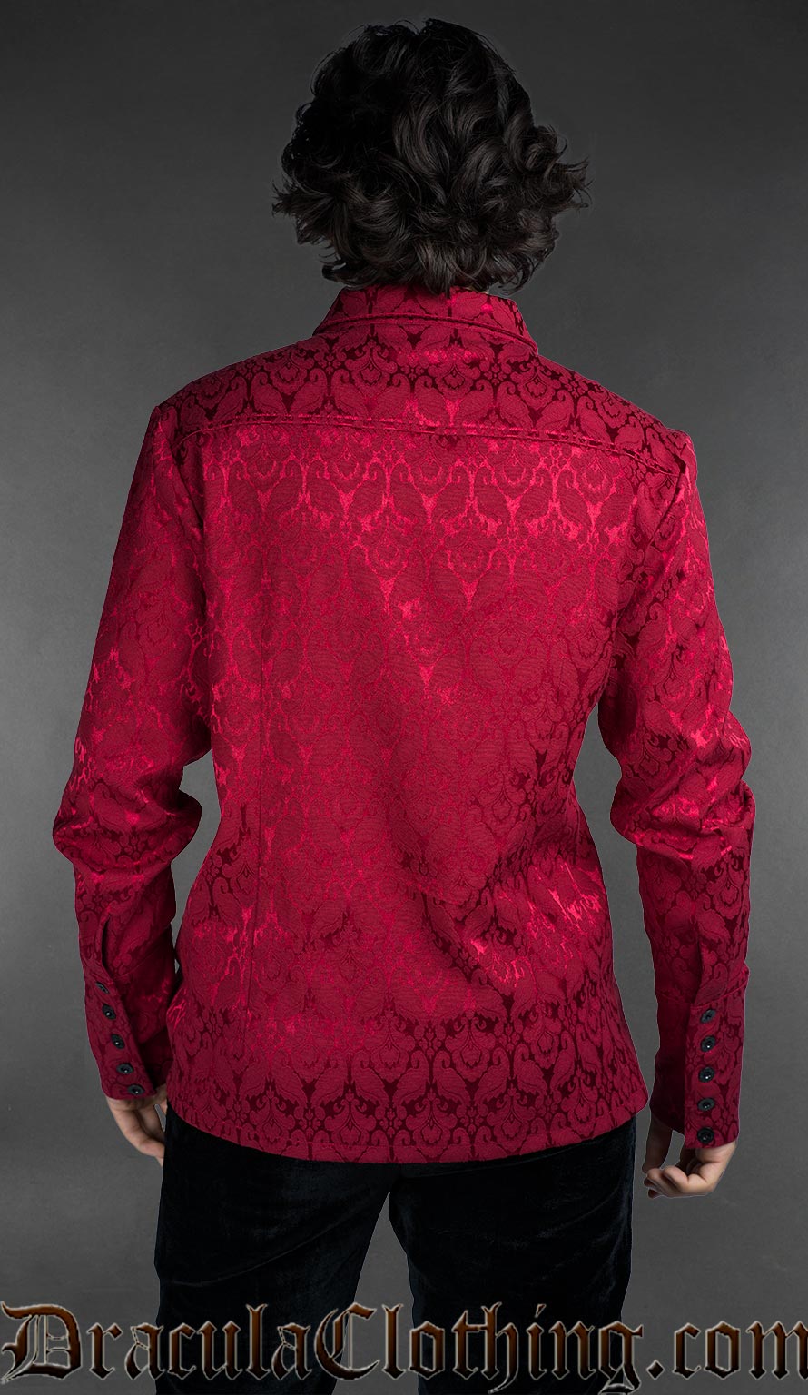 Red cotton brocade shirt with black metal buttons back view