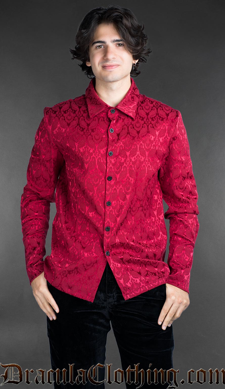 Red cotton brocade shirt with black metal buttons