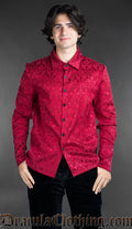 Red cotton brocade shirt with black metal buttons
