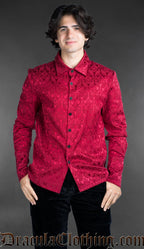 Red cotton brocade shirt with black metal buttons