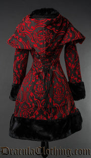 Red Brocade Thick Winter Coat - Fleece Lining