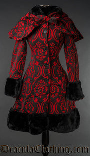 Red Brocade Thick Winter Coat - Fleece Lining