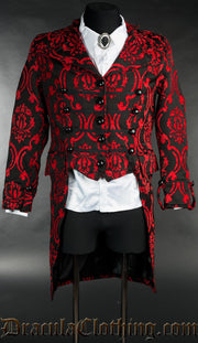 Red Brocade Triple Buttoned Tailcoat 