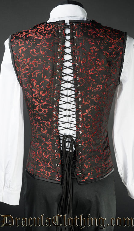 Back view of men's Red Brocade V-Shaper showing adjustable lacing