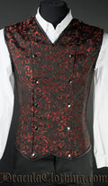 Men's Red Brocade V-Shaper with front panel attached by silver coloured poppers
