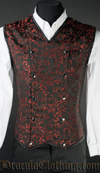 Men's Red Brocade V-Shaper with front panel attached by silver coloured poppers