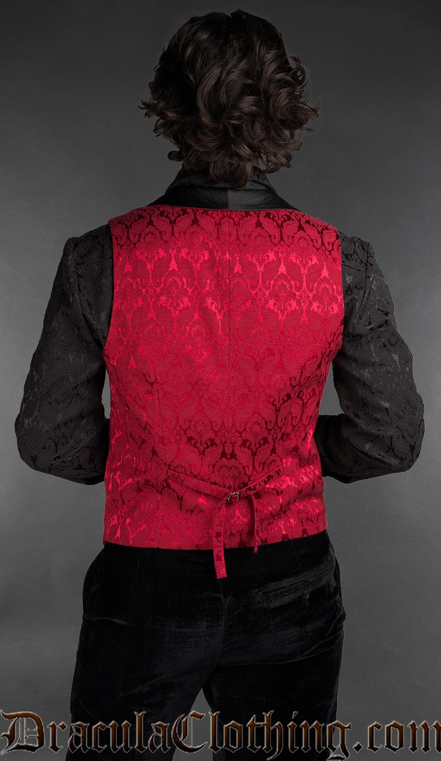 Back view of Men’s red brocade gothic waistcoat with Victorian styling and double-breasted satin front