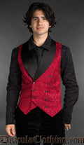 Men’s red brocade gothic waistcoat with Victorian styling and double-breasted satin front