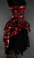 Side view of red print bustle corset inspired by gothic cathedral stained glass windows