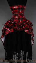 Women's corset with attached bustle skirt in a red gothic cathedral window print