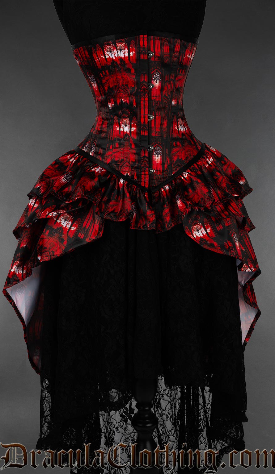 Women's corset with attached bustle skirt in a red gothic cathedral window print