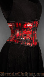 Red and black gothic cathedral waist cincher corset with stained glass artwork side view