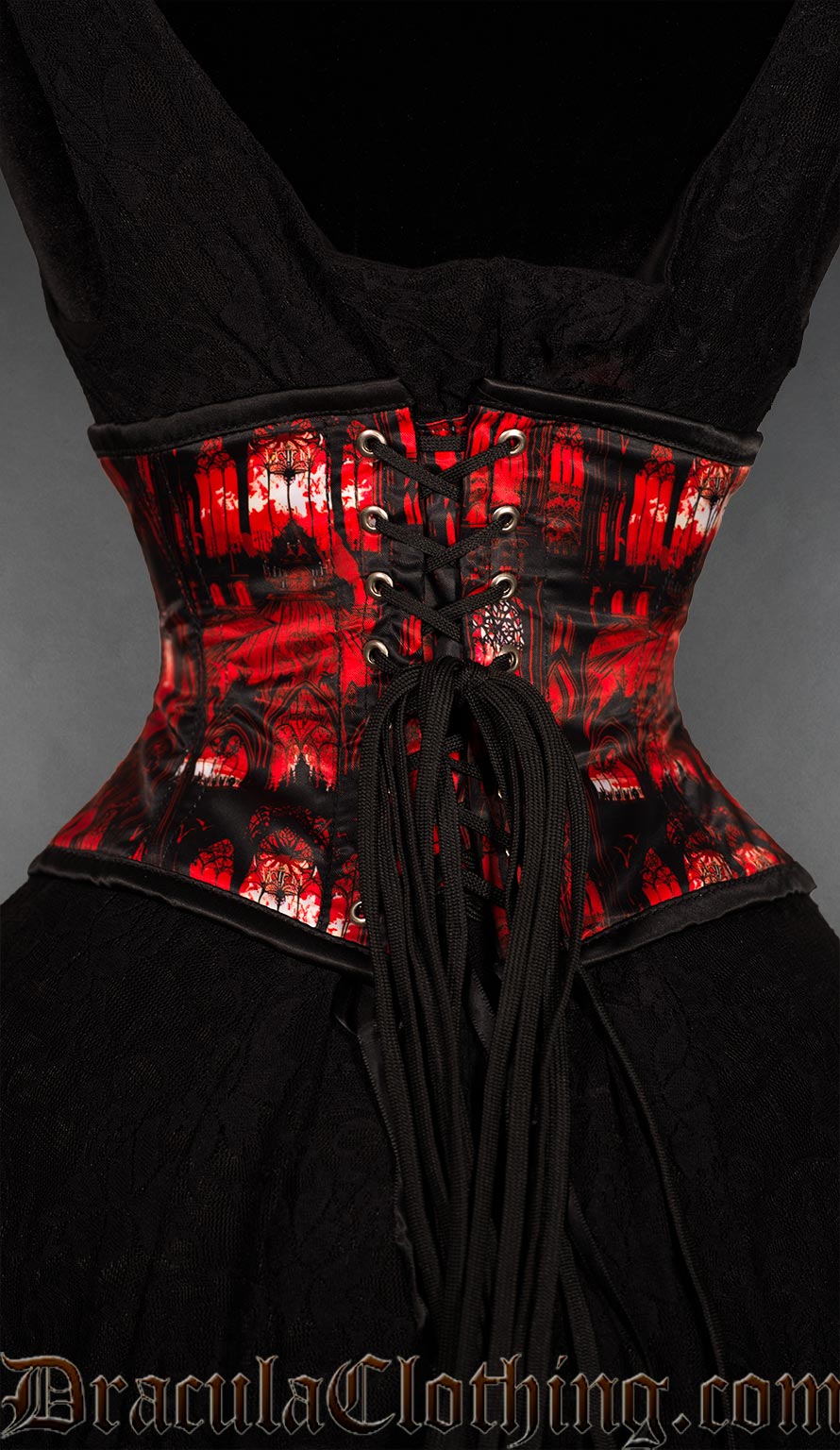 Red and black gothic cathedral waist cincher corset with stained glass artwork back view