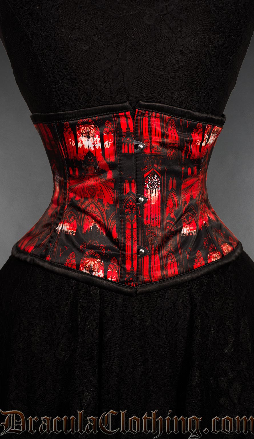 Red and black gothic cathedral waist cincher corset with stained glass artwork