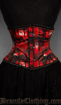 Red and black gothic cathedral waist cincher corset with stained glass artwork